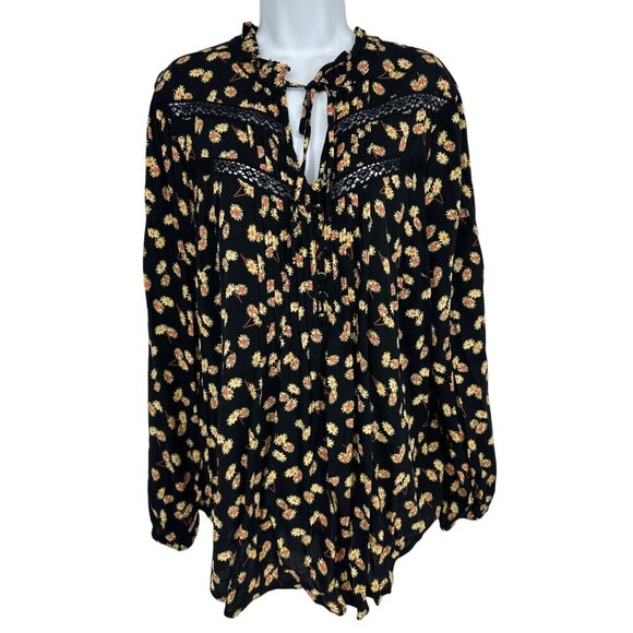 Torrid Rayon Slub Peasant Long Sleeve Top Black Yellow Daisy Flower Print Sz 1X - Picture 1 of 9